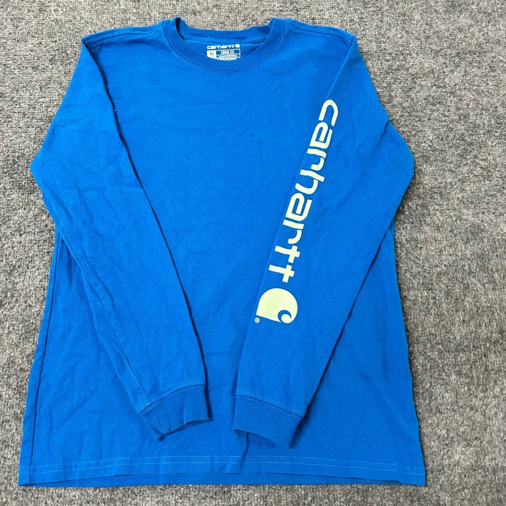 Carhartt Shirt Womens XS Blue Loose Fit Long Sleeve Graphic Logo Workwear Tee